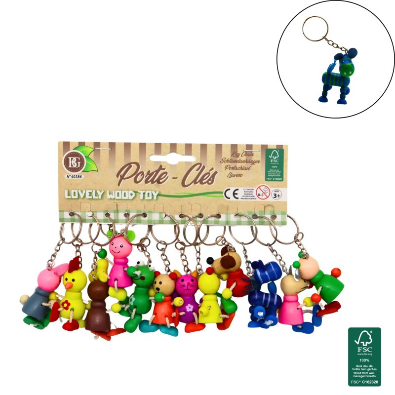 Lot 12 porte-clés animaux en bois articulés 8-9 cm Jouets et articles kermesse 40386